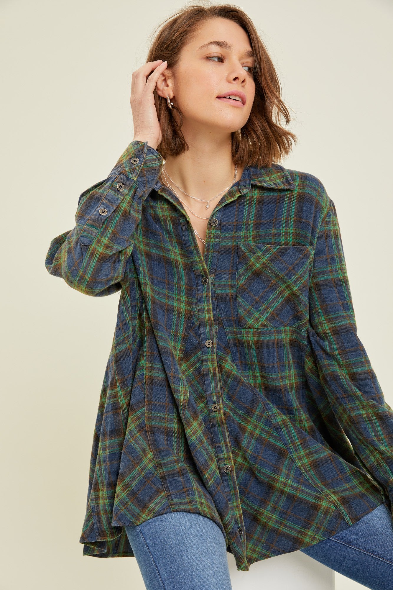 Green Mineral-Washed Plaid Button-Down Shirt