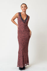 Brown Animal Print Mesh Overlay Maternity Maxi Dress
