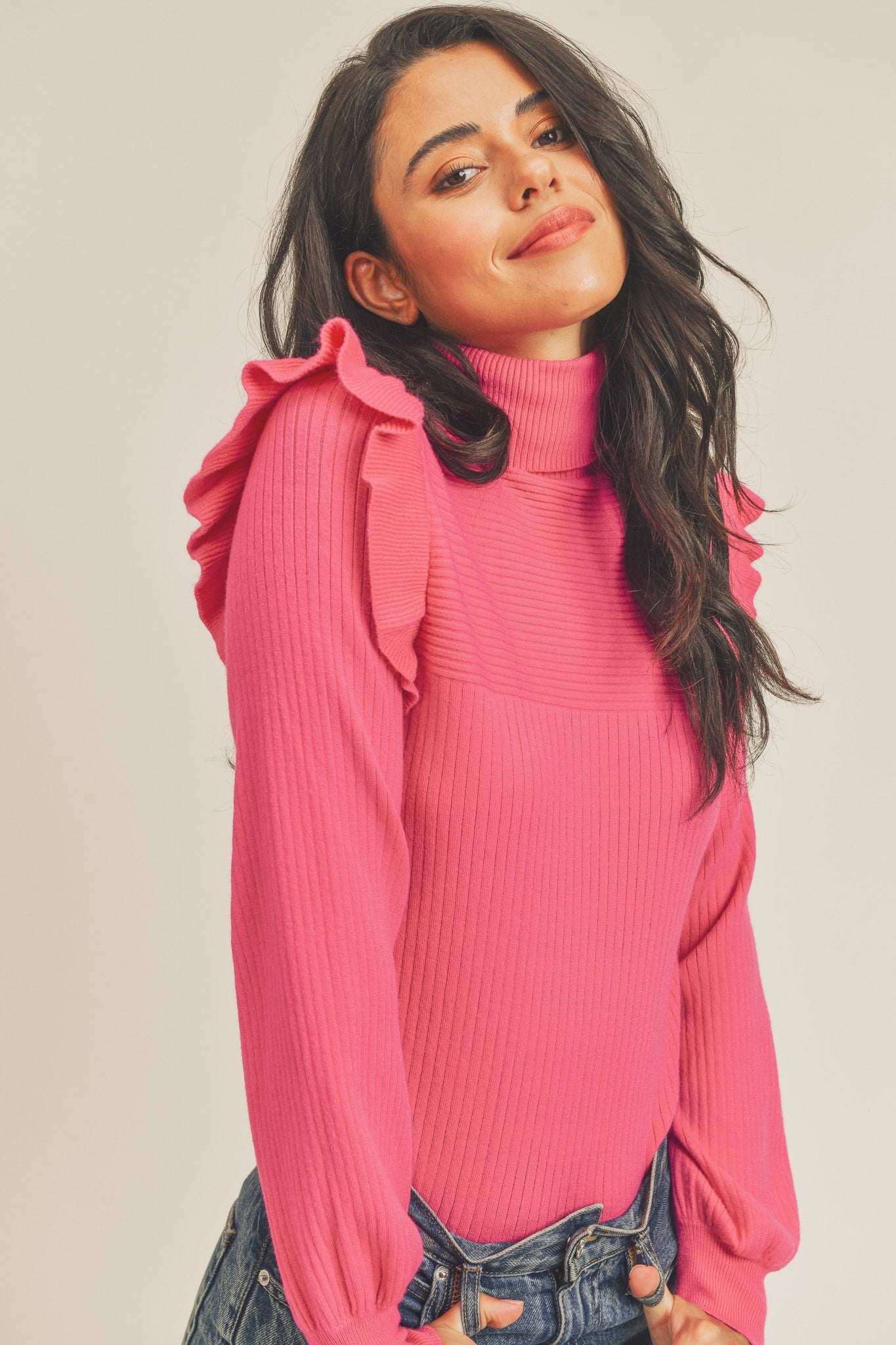 Deep Pink Shoulder Ruffle Turtleneck Sweater - Main Image