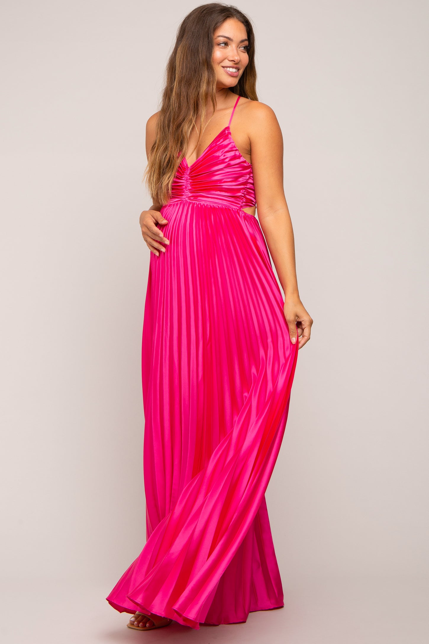 Fuchsia Satin Pleated Cutout Maternity Gown