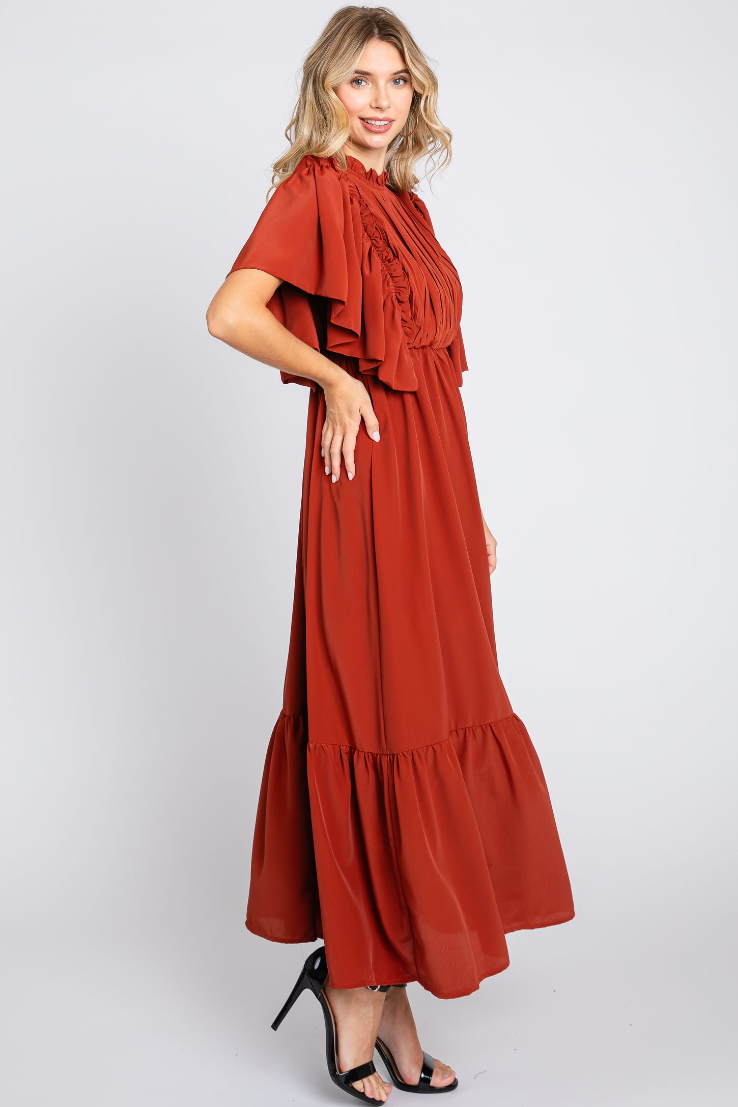 Rust Ruffle Pleated Maxi Dress