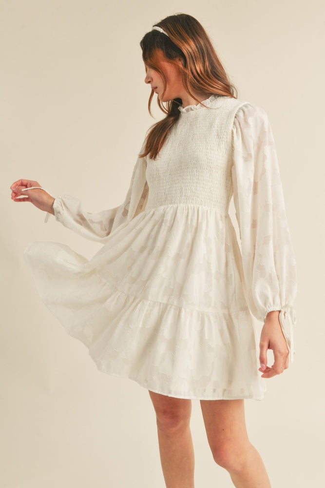 Cream Smocked Jacquard Burnout Mini Dress