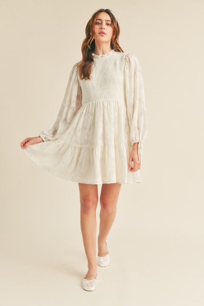 Cream Smocked Jacquard Burnout Mini Dress