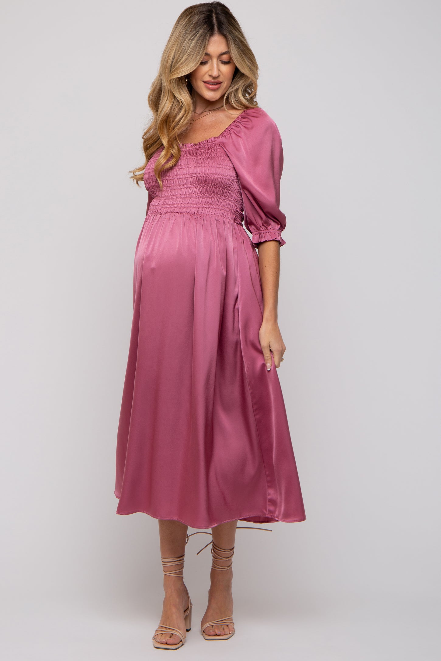 Mauve Satin Smocked Maternity Midi Dress