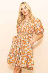 Taupe Floral Smocked Puff Sleeve Dress