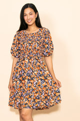 Navy Floral Smocked Puff Sleeve Dress