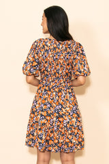 Navy Floral Smocked Puff Sleeve Dress