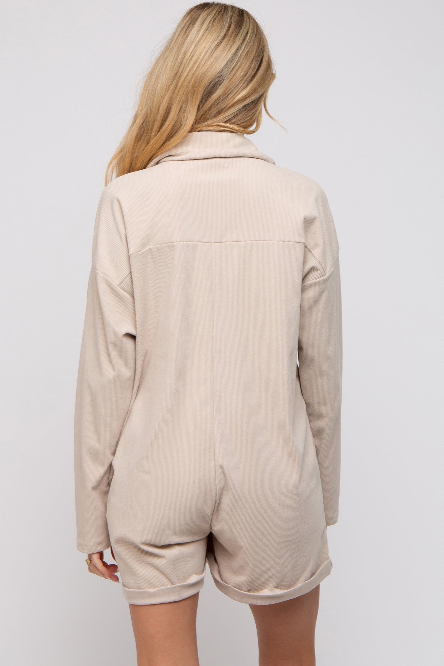 Beige Corduroy Button Up Front Pocket Maternity Romper