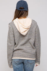 Black Striped Drawstring Hooded Maternity Sweater