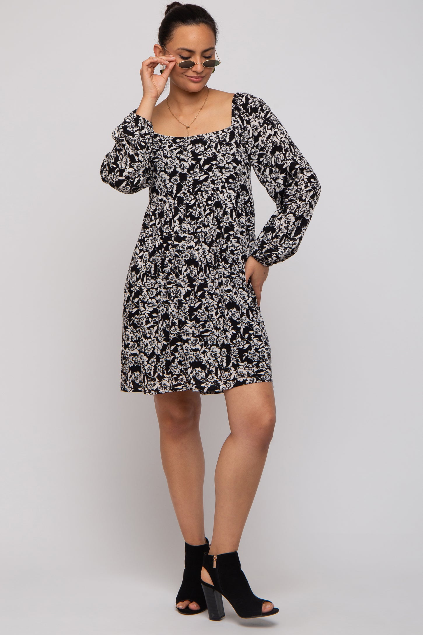 Black Floral Long Sleeve Maternity Dress