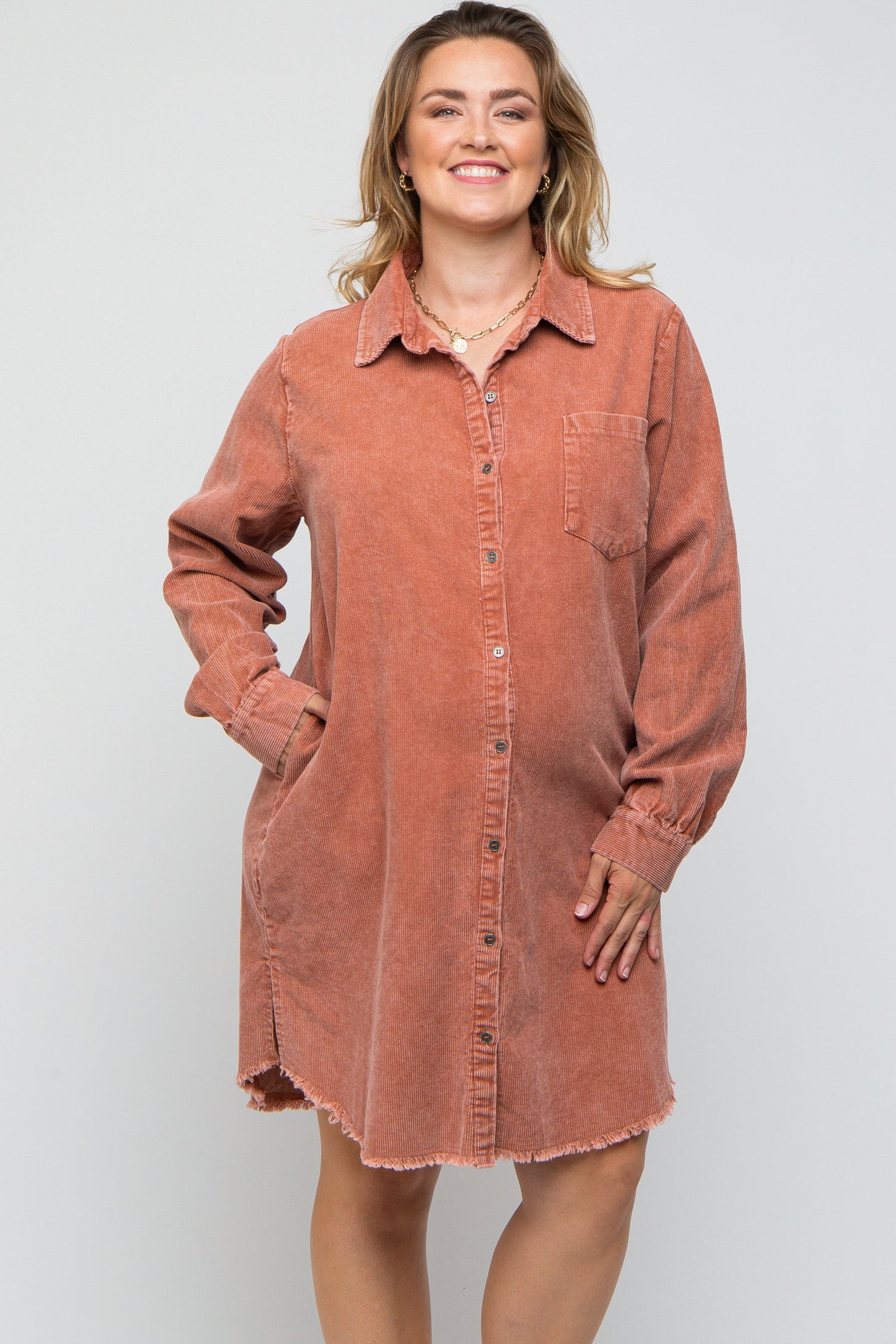 Rust Corduroy Button Down Collared Plus Maternity Dress