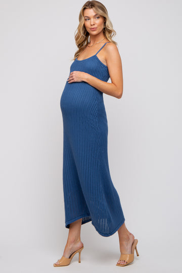Navy Open Knit Crochet Maternity Midi Dress