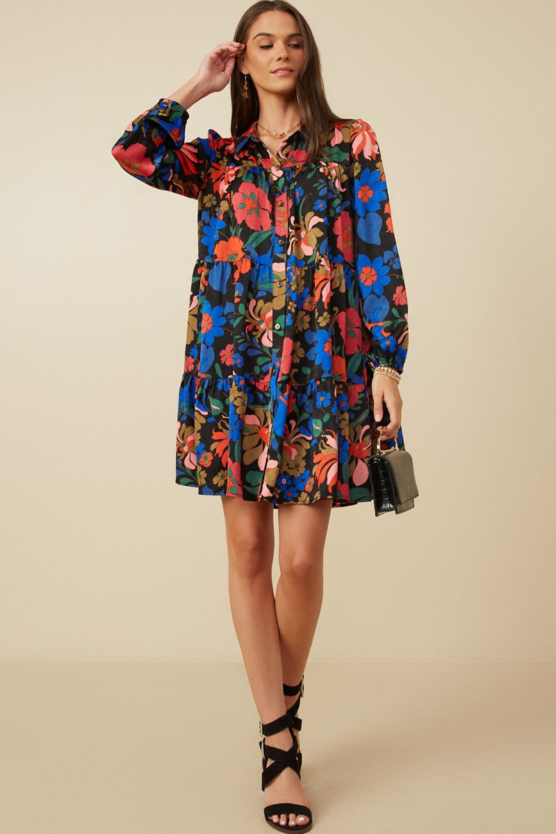 Black Multi-Color Floral Button Front Maternity Dress