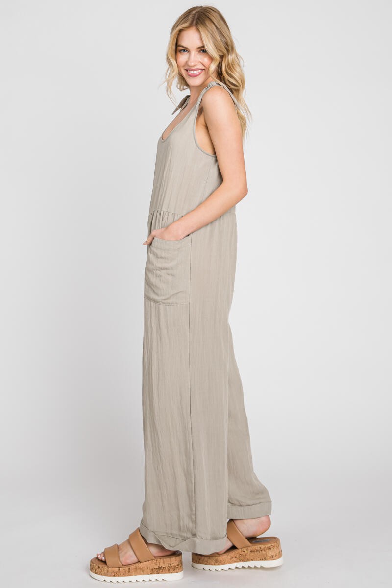 Pale Olive Wide Leg Roll-Up Jumpsuit