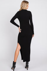 Black Ribbed Collared Fitted Side Slit Midi Dress