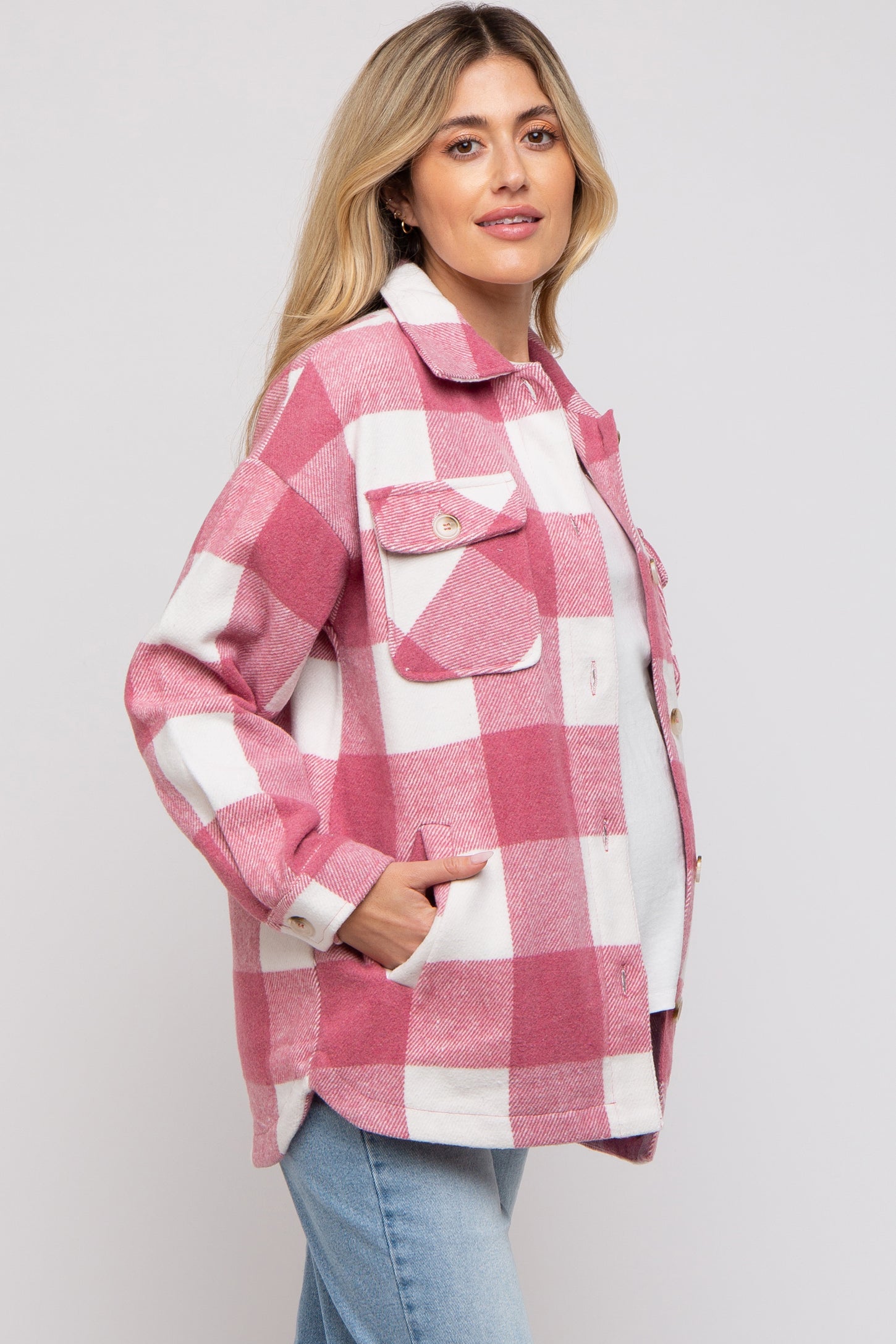 Pink Plaid Brushed Long Maternity Shacket
