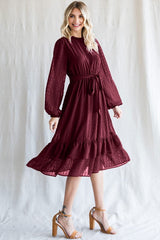 Burgundy Swiss Dot Ruffle Accent Midi Dress