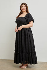 Black Floral Chiffon Smocked Square Neck Plus Maxi Dress