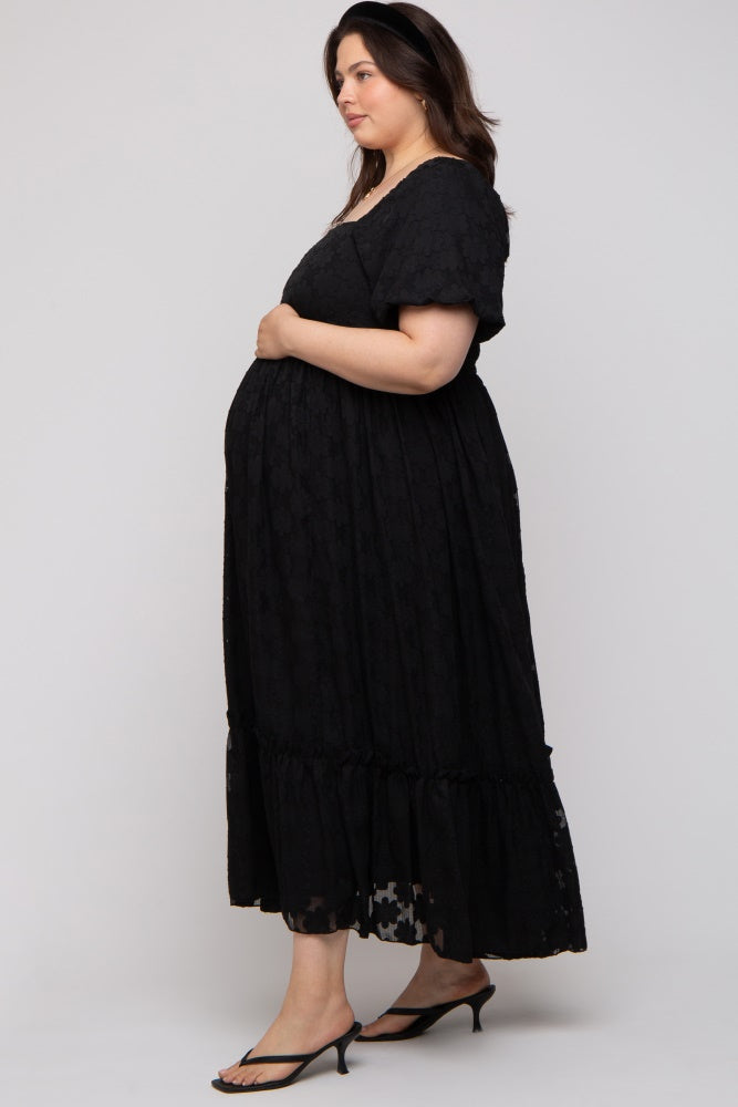 Black Floral Chiffon Smocked Square Neck Maternity Plus Maxi Dress