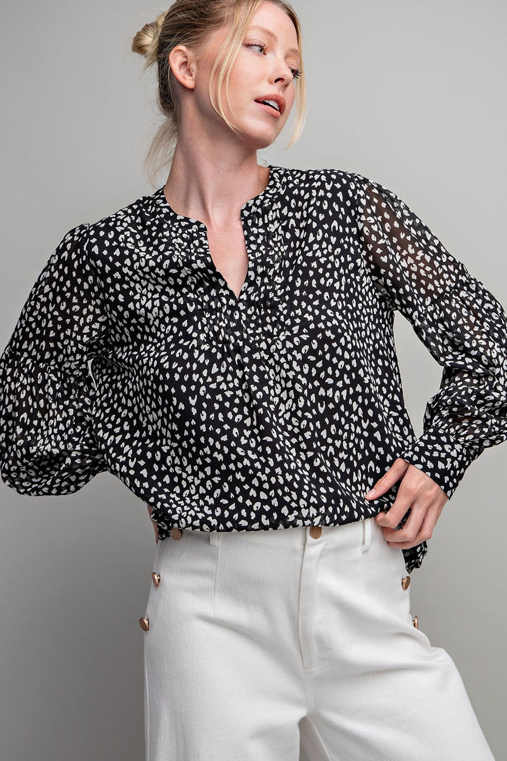 Black Animal Print Long Sleeve Blouse