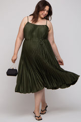 Forest Green Pleated Sleeveless Waist Tie Maternity Plus Maxi Dress