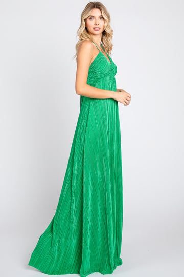 Green Plisse Halter Back Tie Maxi Dress