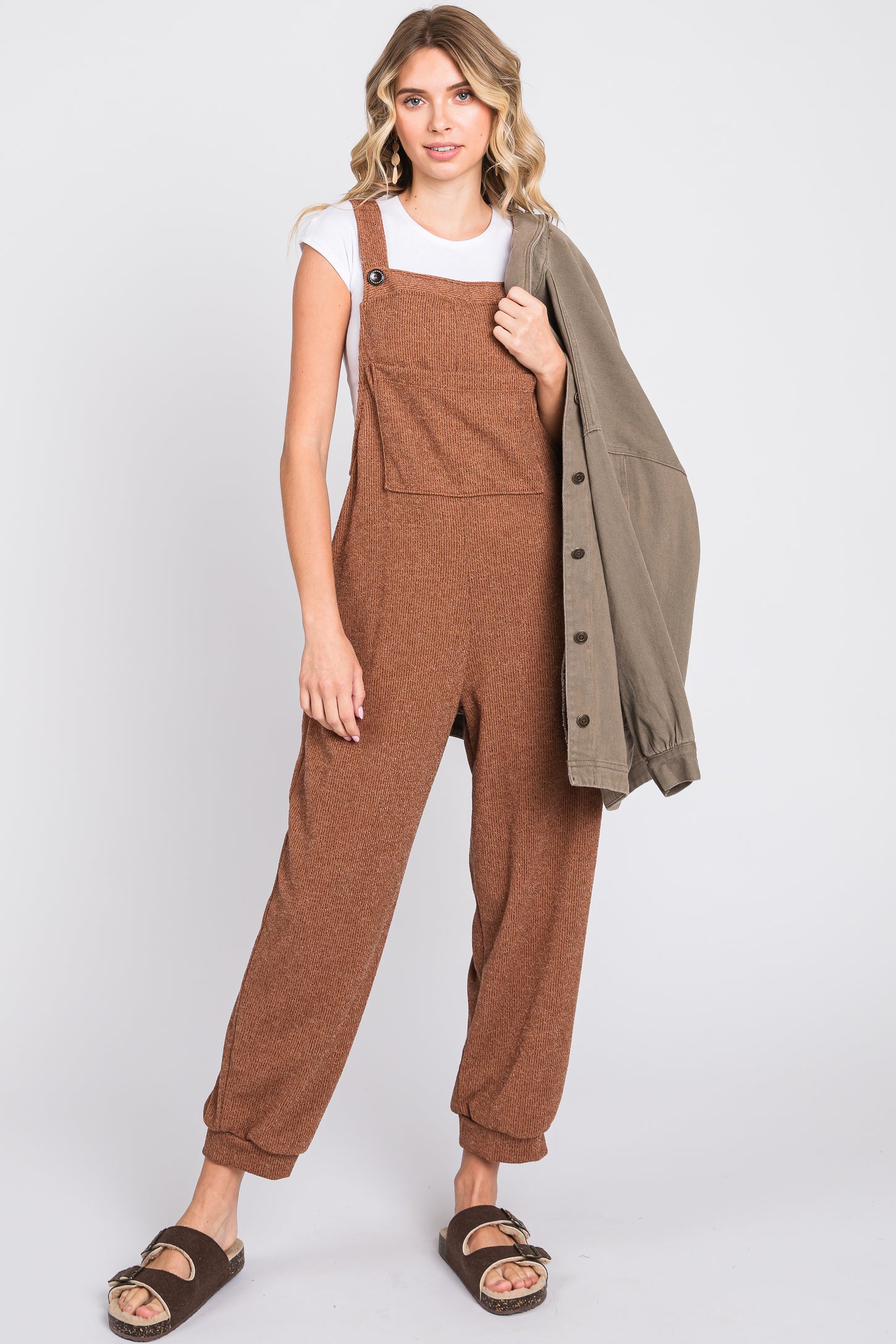 Mocha Front Pocket Knit Overalls