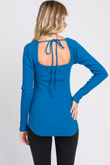 Blue Ribbed Sweetheart Neck Long Sleeve Top