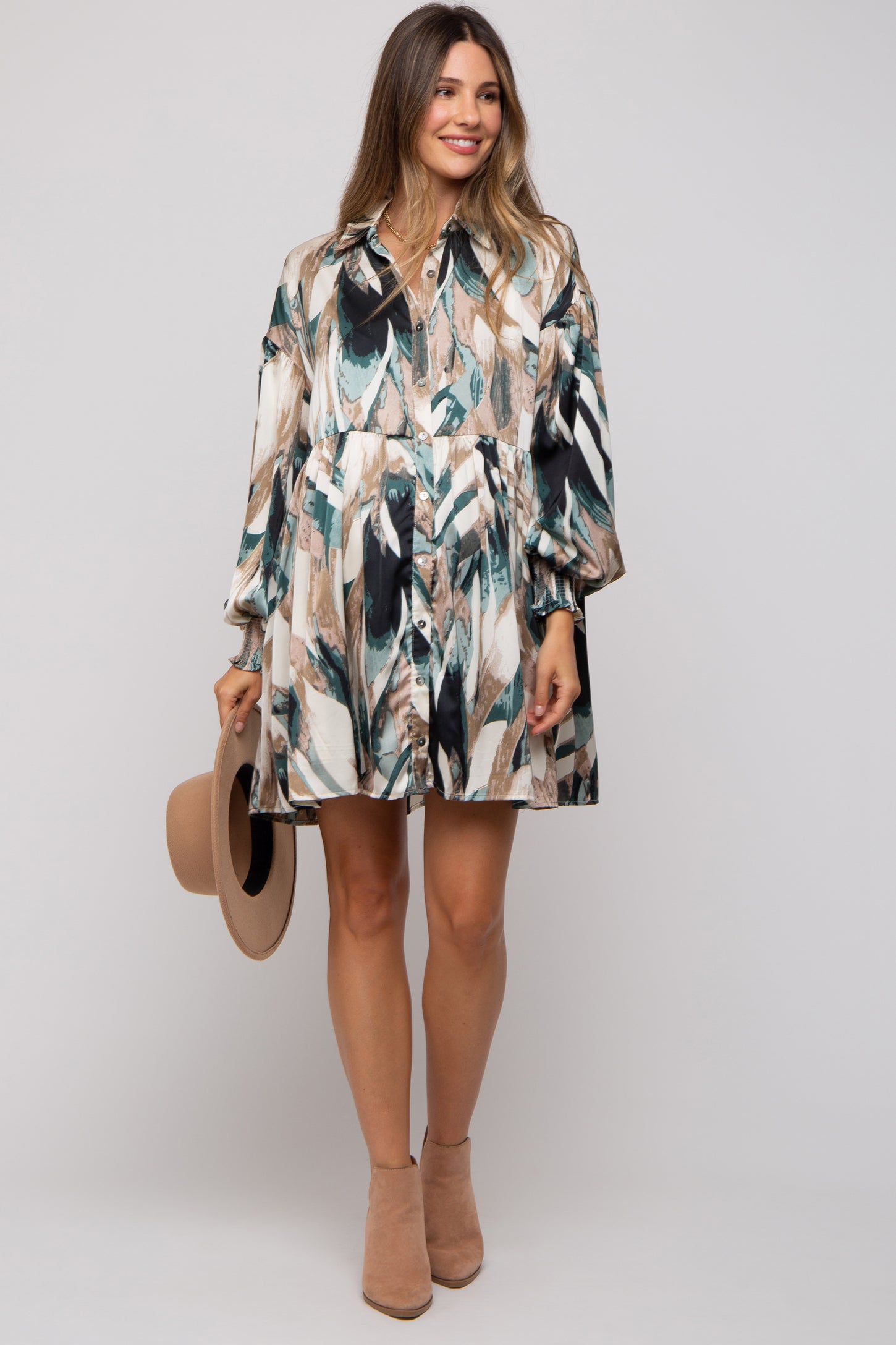 Forest Green Print Button Down Puff Sleeve Maternity Dress