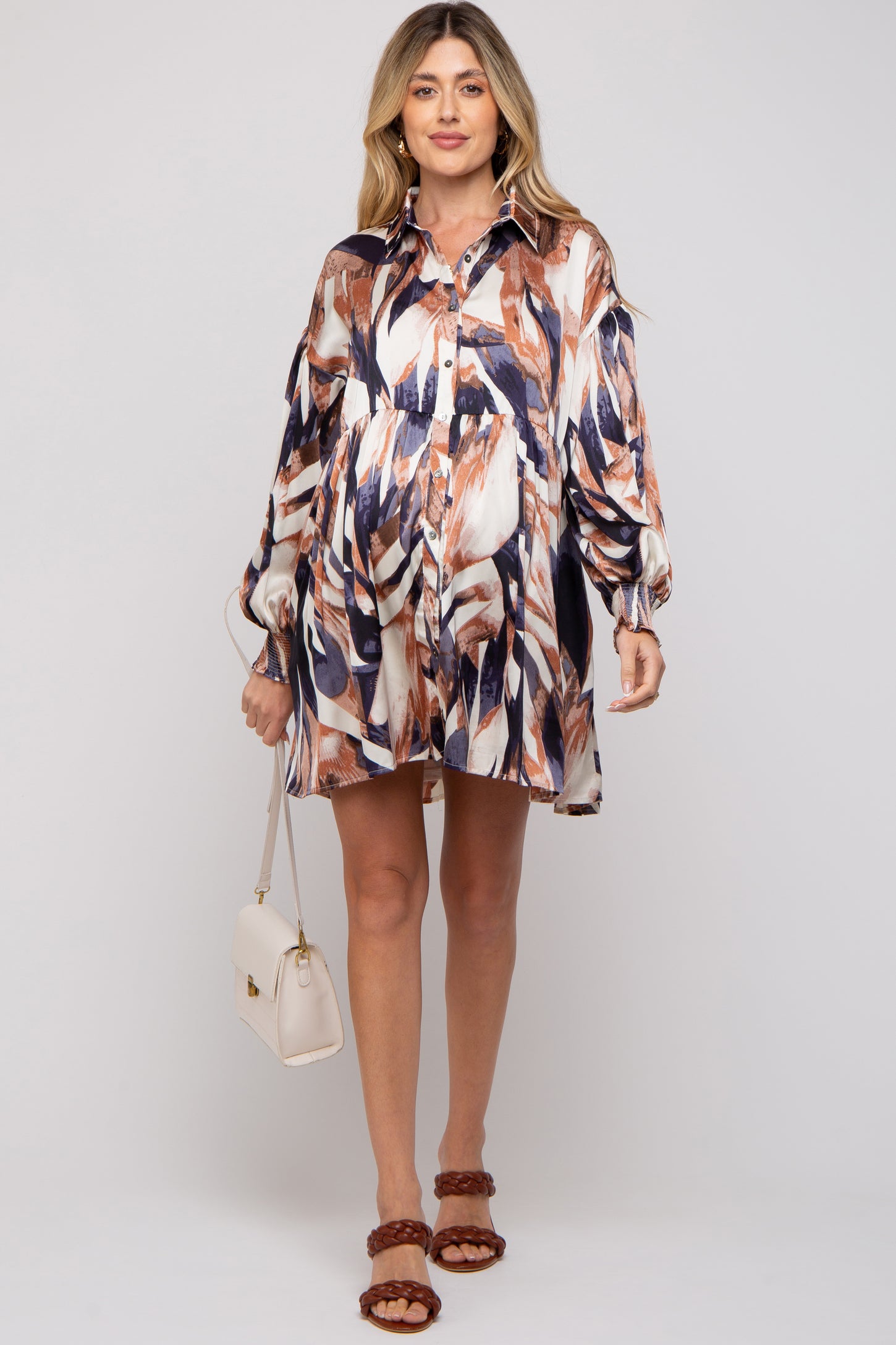 Navy Print Button Down Puff Sleeve Maternity Dress