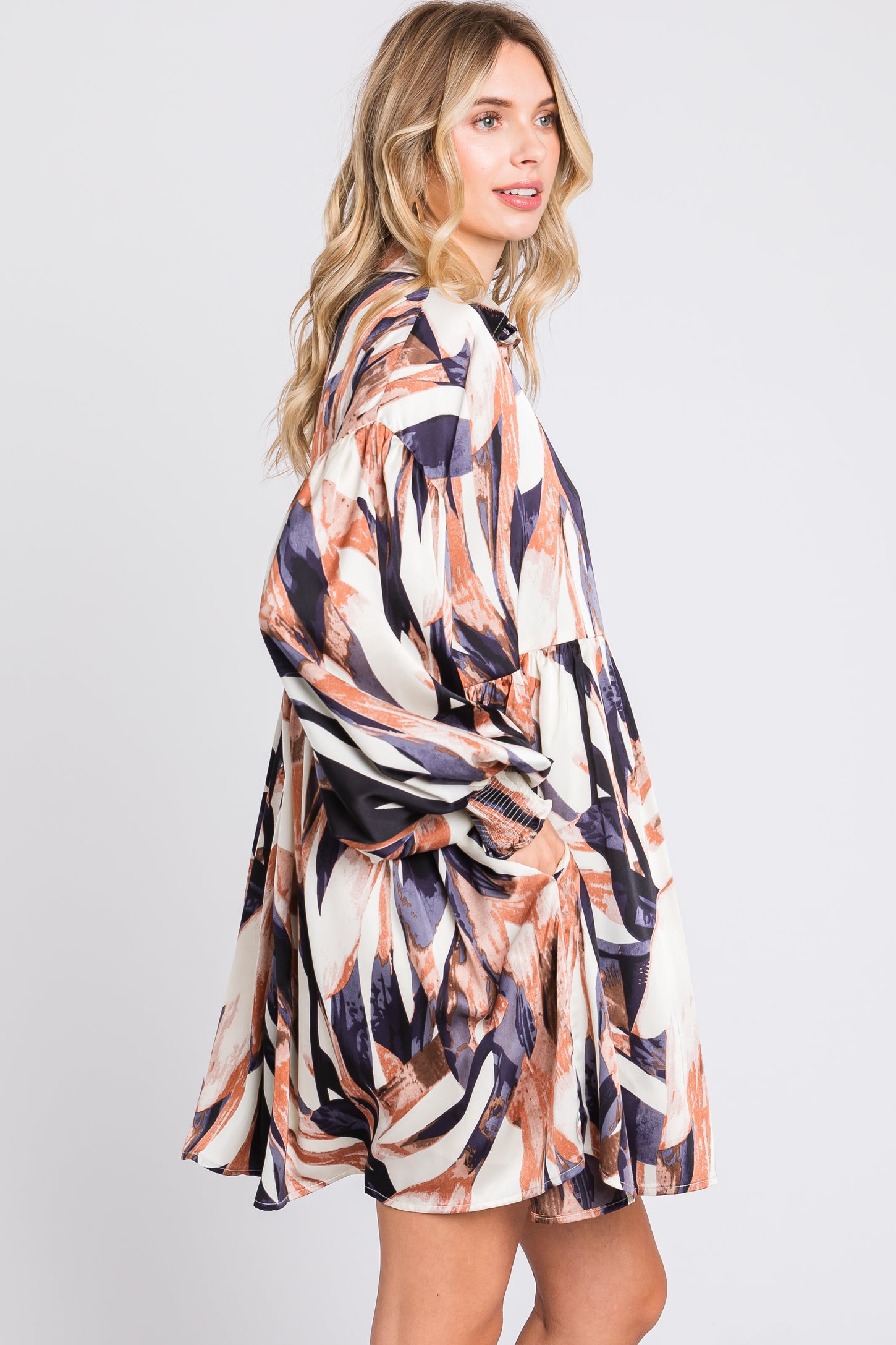 Navy Print Button Down Puff Sleeve Dress