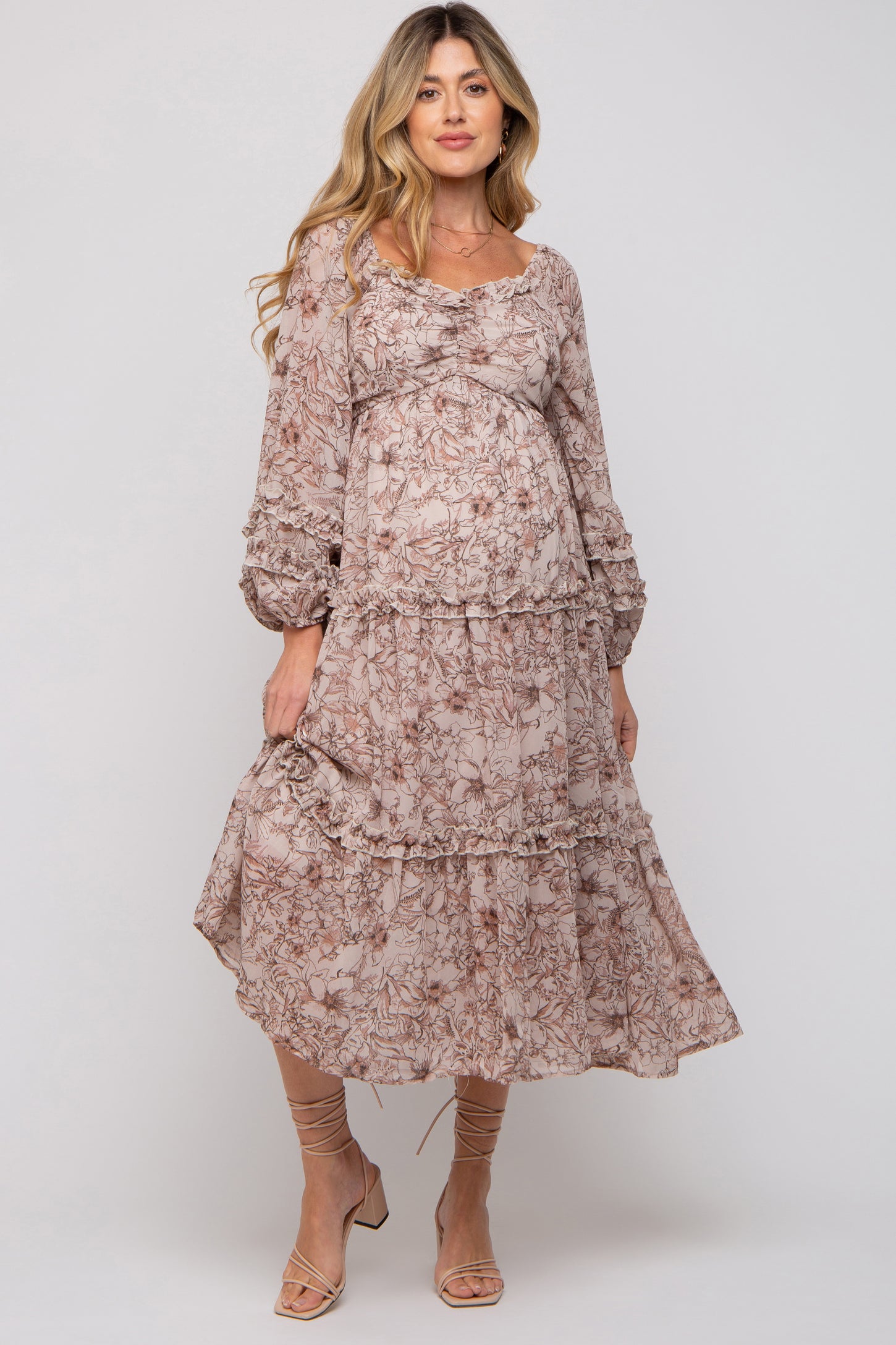 Mauve Floral Chiffon Sweetheart Neck Ruffle Tiered Maternity Midi Dress