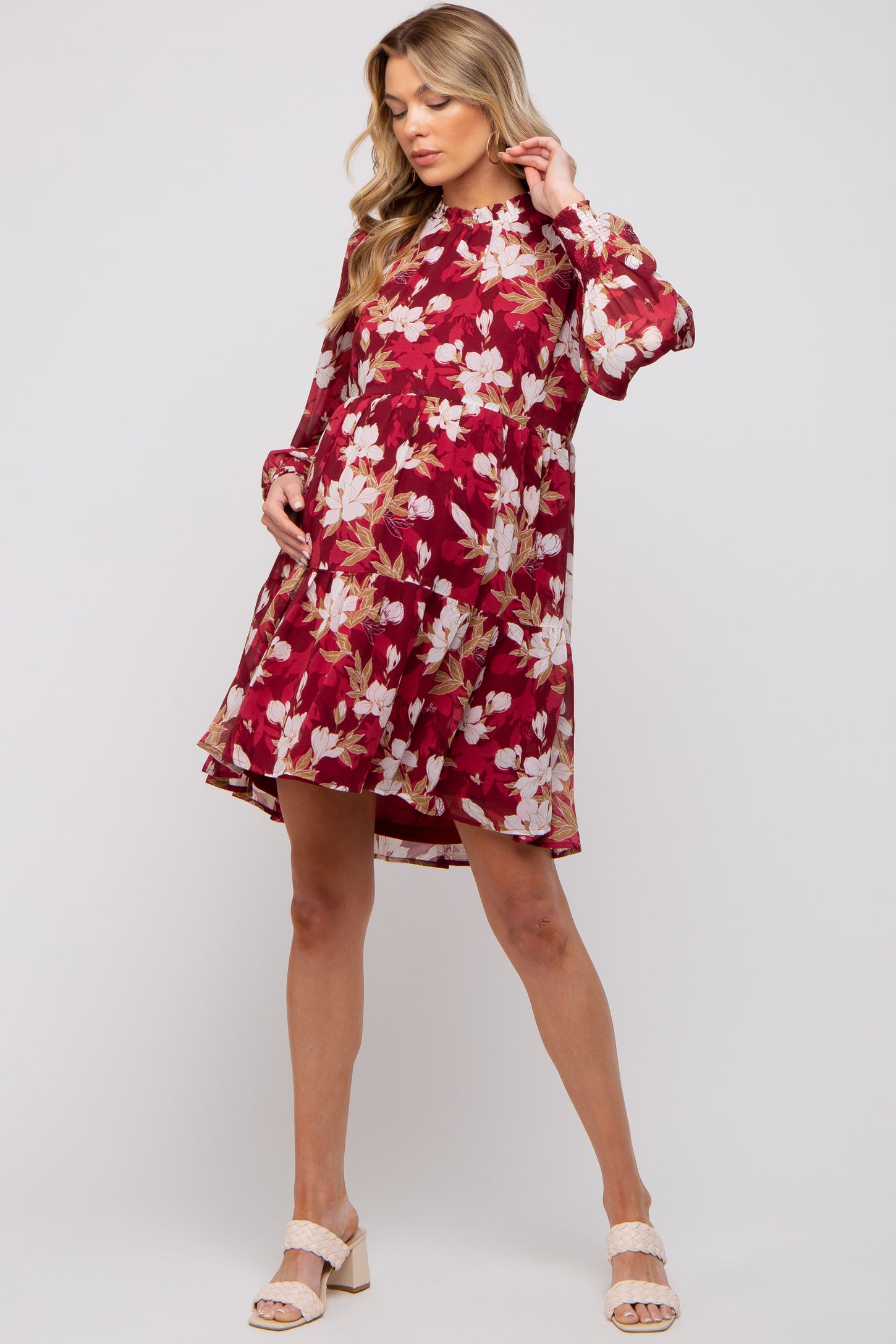 Burgundy Floral Chiffon Ruffle Mock Neck Tiered Maternity Dress