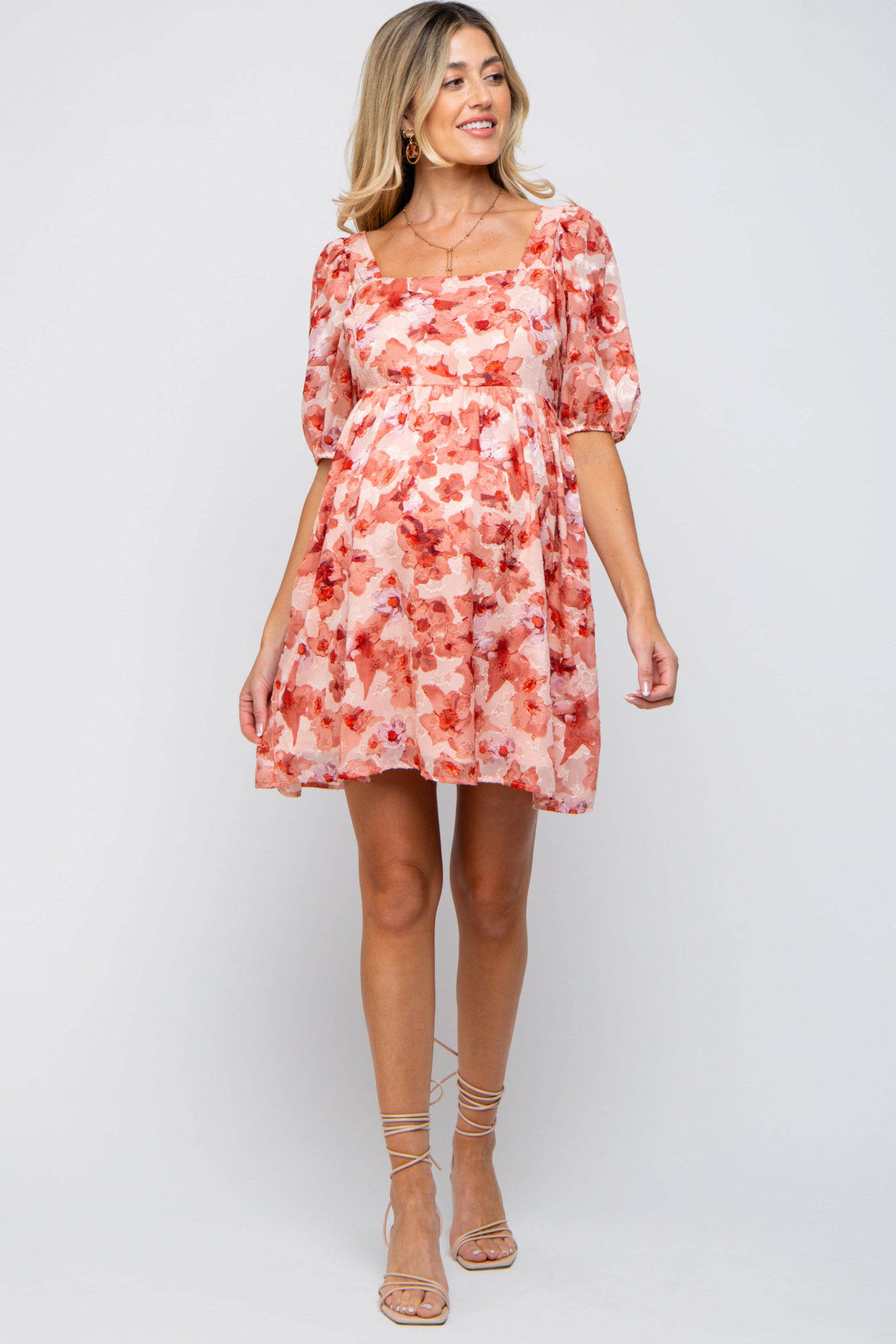 Peach Floral Square Neck Puff Short Sleeve Maternity Dress