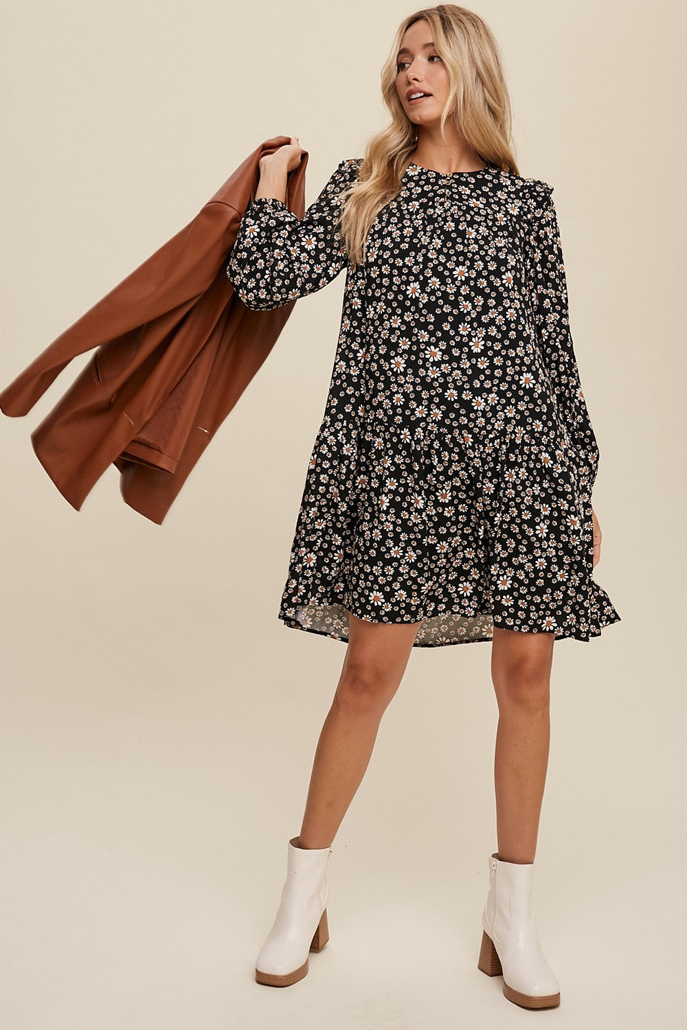 Black Ditzy Flower Print Ruffle Detailed Mini Dress