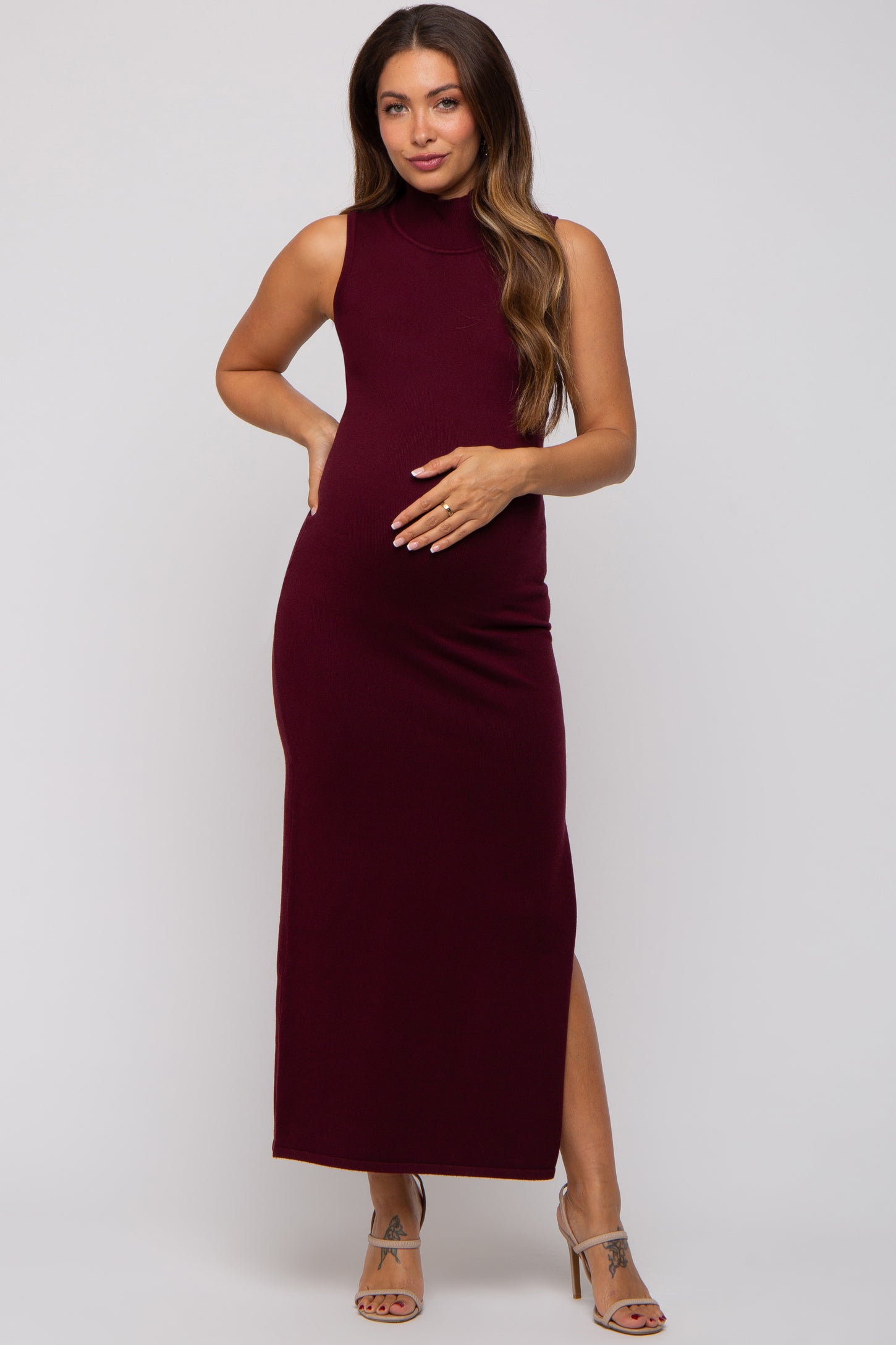 Burgundy Sleeveless Mock Neck Maternity Midi Dress Burgundy Sleeveless Mock Neck Maternity Midi Dress