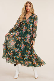 Green Tie Front Floral Print Tiered Maxi Dress