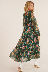 Green Tie Front Floral Print Tiered Maxi Dress