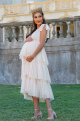 Cream Sleeveless Tiered Tie Strap Tulle Maternity Midi Dress