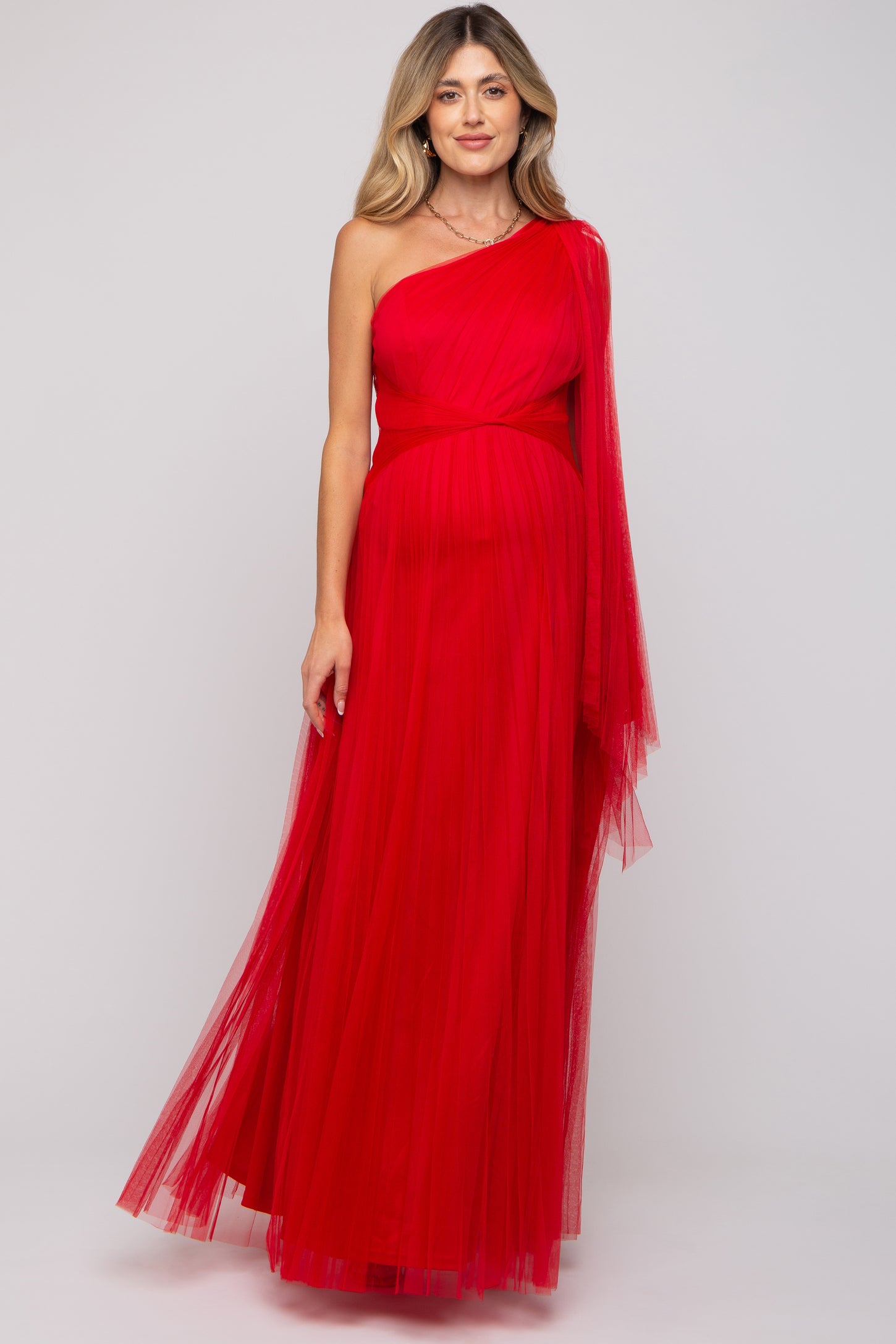 Red One Shoulder Pleated Mesh Maternity Gown