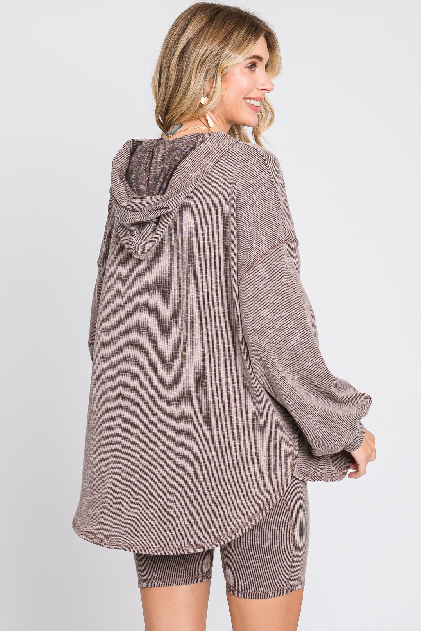 Brown Ribbed Hooded Biker Short Set