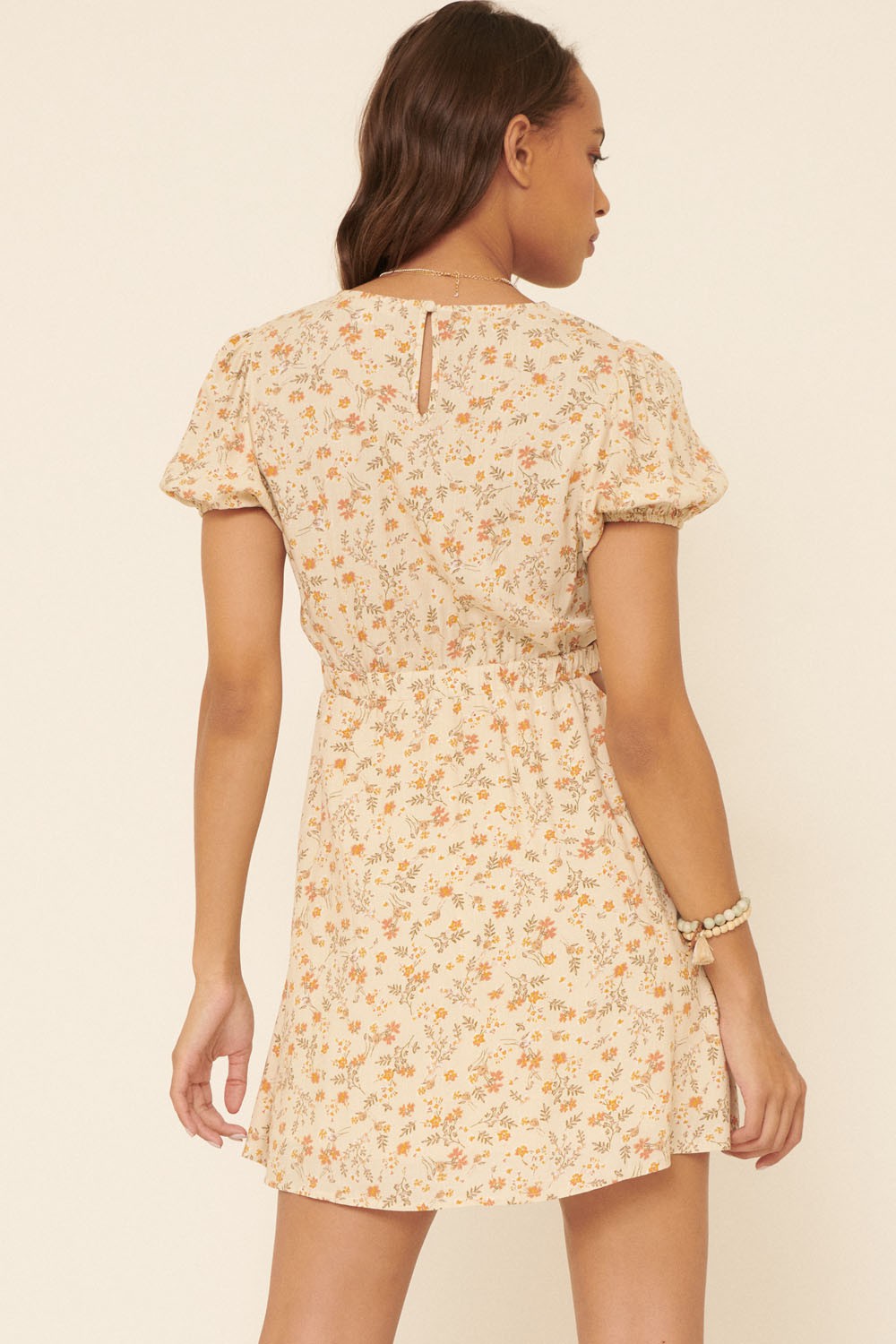 Vanilla Floral Round Neck Button Keyhole Back Mini Dress