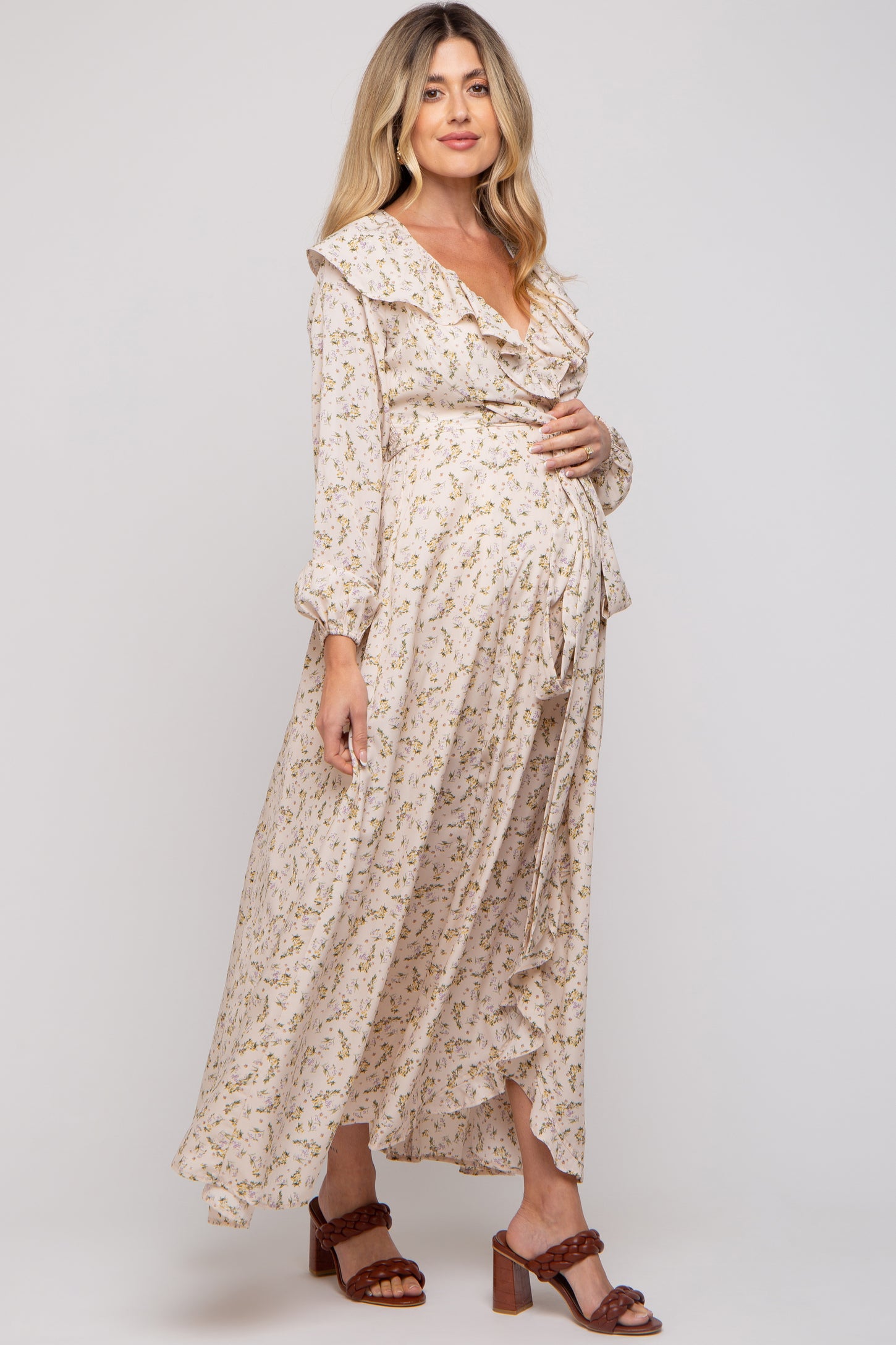 Cream Floral Ruffle V-Neck Wrap Front Maternity Maxi Dress