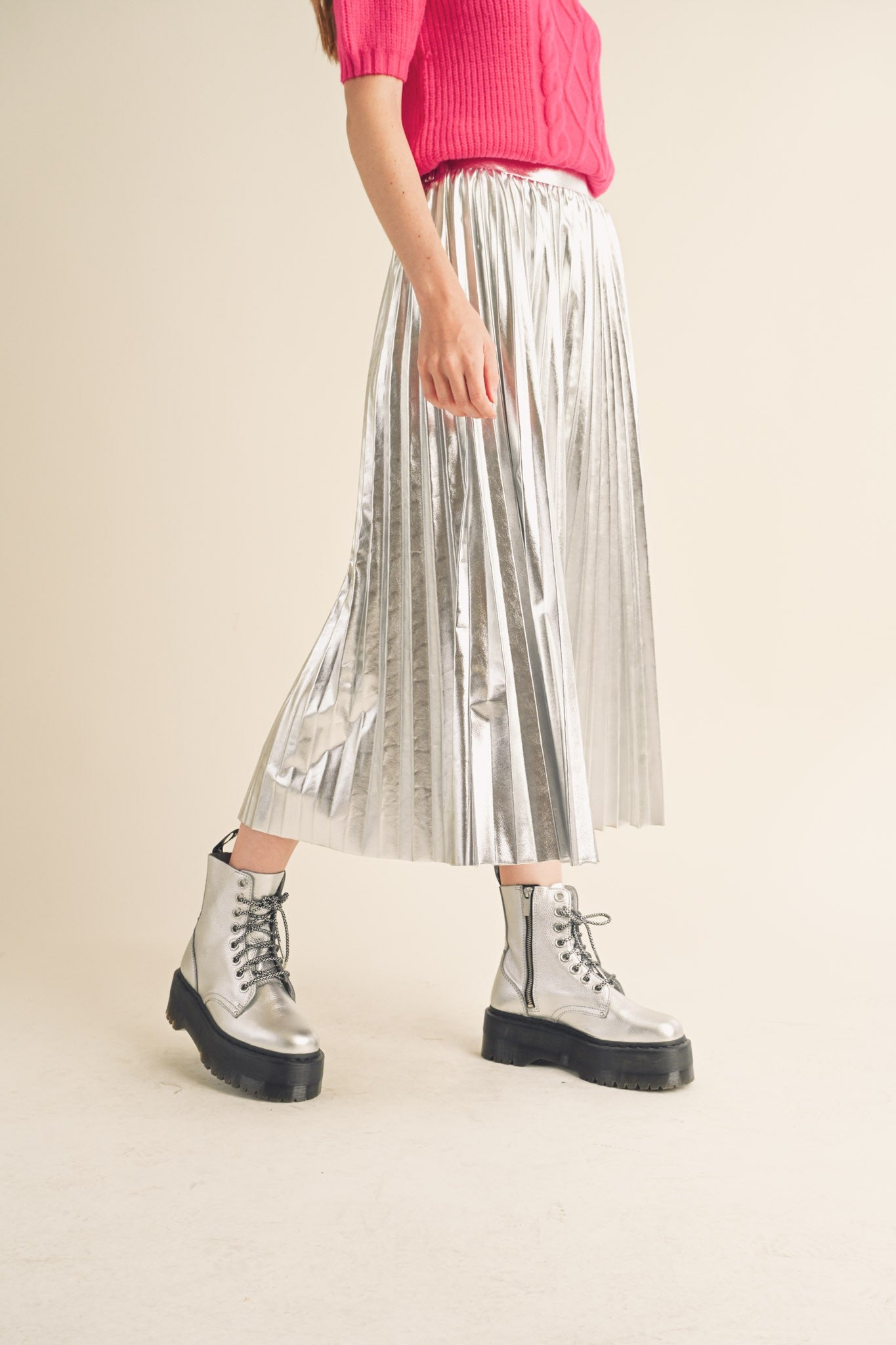 Silver Metallic Pleated Midi Skirt