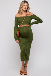 Olive Cable Knit Off Shoulder Maternity Midi Skirt Set