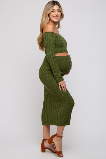 Olive Cable Knit Off Shoulder Maternity Midi Skirt Set