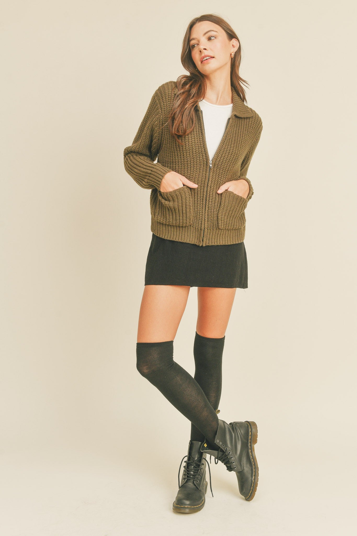 Olive Full Zip Sweater Cardigan