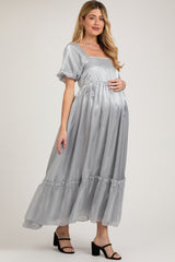 Silver Satin Square Neck Short Puff Sleeve Maternity Maxi Dress