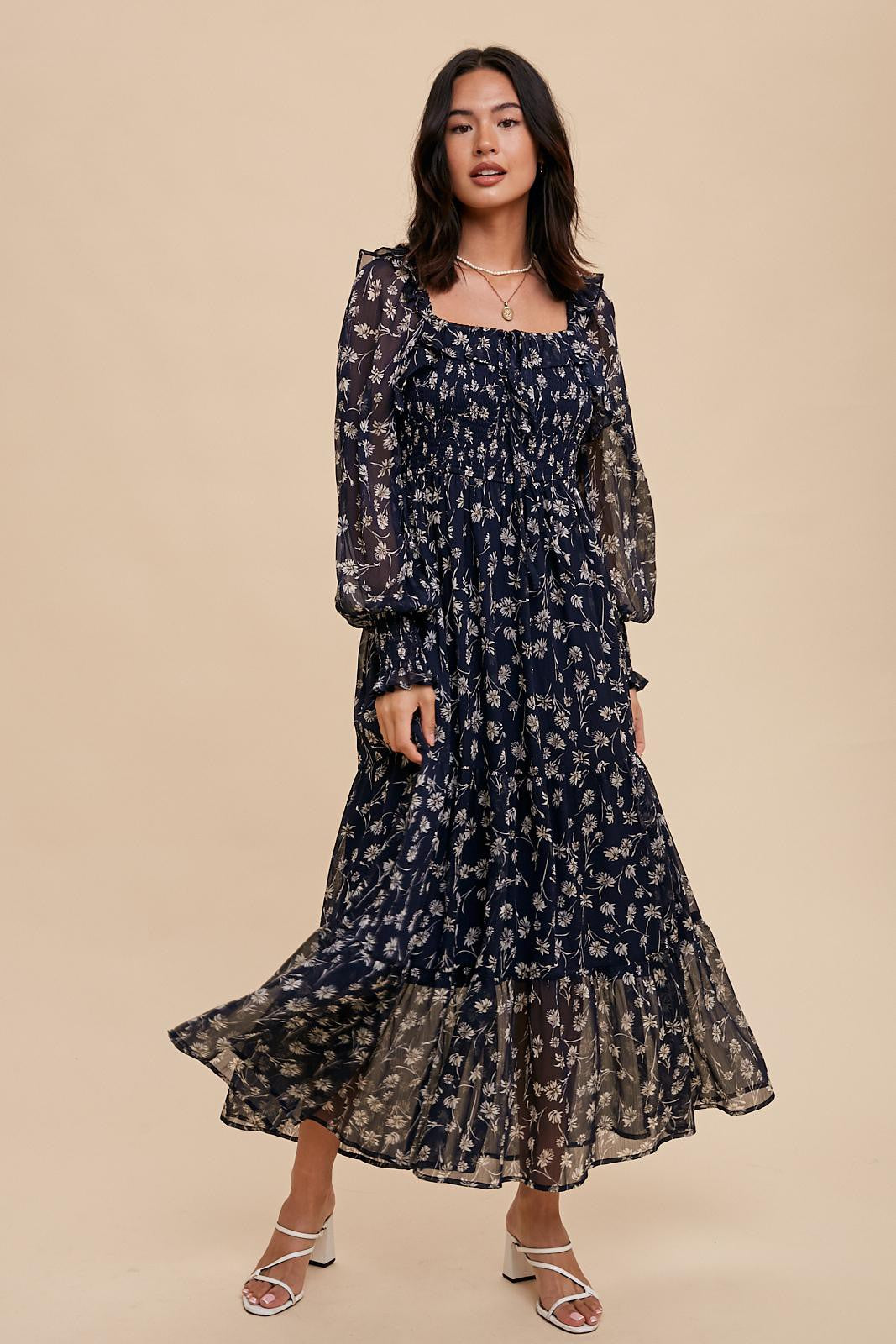 Navy Blue Floral Ruffle Square Neck Smocked Maxi Dress PinkBlush Navy Blue Floral Ruffle Square Neck Smocked Maxi Dress PinkBlush
