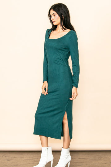 Forest Green Ribbed Side Slit Midi Dress